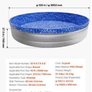 10ft Pool Liner, Round Overlap Swimming Pool Liner For 27.5 In Wall Height, Heavy Gauge Vinyl, Easy Install With Leak-Proof Patches, Designed For Steel Sided Above-Ground,Outdoor, Crystal