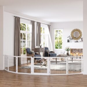 Wooden Pet Gate, 6-Panel Folding Dog Safety Barrier with Support Feet for Small & Medium Dogs, White