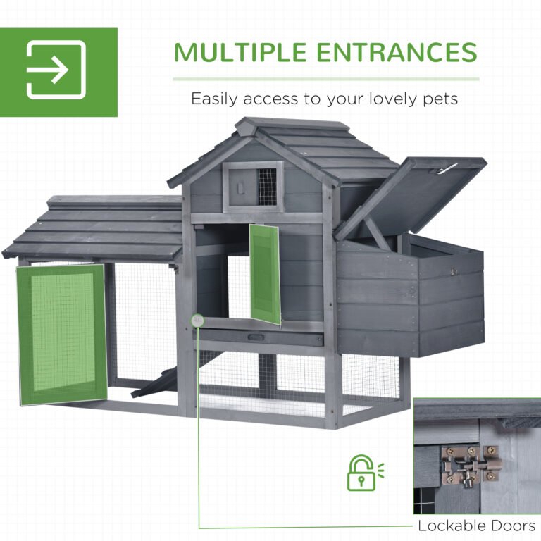 PawHut 59 Small Wooden Chicken Coop Hen House Poultry Cage For Outdoor Backyard With 2 Doors, Nesting Box And Removable Tray, Gray