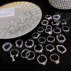 1PCS Ins Style Silver Zircon Ring For Women, Light Luxury Minimalist Design, Adjustable Open Band, Versatile Elegant Jewelry