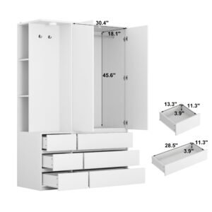 Wardrobe Closet 71.7 H, Bedroom Wooden Wardrobe With 2 Doors 6 Drawers, Modern Clothing Storage Cabinet Combination With Storage Shelves And Hanging Rail, White