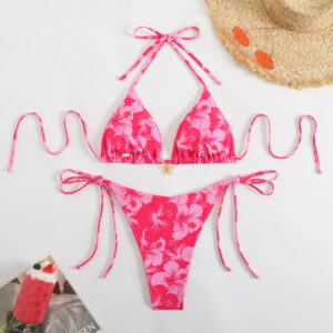 Printed Tight-fitting Lace-up Open-back Two-piece Swimsuit