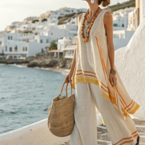 Fashionable Casual Dopamine Vacation Style Petite Linen Two-Piece Set For Holidays