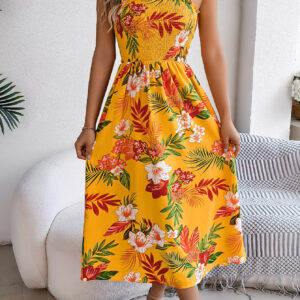 Women's Floral Print Tie Waist Camisole Beach Vacation Maxi Dress