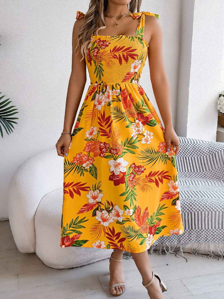 Women's Floral Print Tie Waist Camisole Beach Vacation Maxi Dress