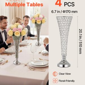 4 PCS Crystal Wedding Flower Vase, 20 In Tall Flower Table Centerpieces, Crystal Cylinder Banquet Vases Easy Installation, Versatile Arrangement Stand For Party Events Room Home Decor, Silver