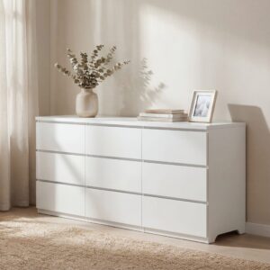 9 Drawer Dresser With No Handle Design, Modern White Matte Wood Dresser For Bedroom, Storage Chest Of Drawers For Living Room, Hallway, Entryway