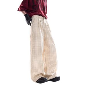 Brown Plaid Casual Wide-Leg Pants Womens
