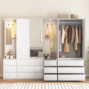 Wardrobe Closet 71.7 H, Bedroom Wooden Wardrobe With 2 Doors 6 Drawers, Modern Clothing Storage Cabinet Combination With Storage Shelves And Hanging Rail, White