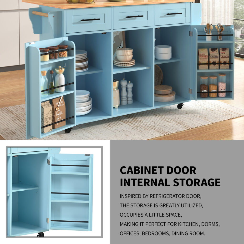 139x46 71x91.5 Cm Kitchen Island On Wheels,large Dining Cart, Trolley , Foldable Wood Grain Countertop, 3 Drawers, Interchangeable Wheels & Solid Wood Feet, For Dining Room Living Room