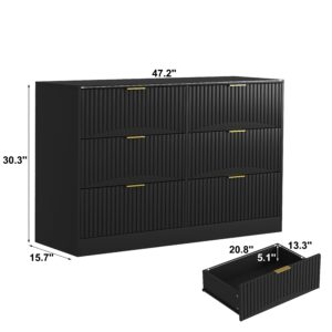 Modern 6-Drawer Dresser, Chest Of Drawers For Bedroom, Living Room, Hallway, And Entryway – Large Storage Cabinet, Black,Drawer Panel With Wavy Patterns