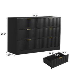 Modern 6-Drawer Dresser, Chest Of Drawers For Bedroom, Living Room, Hallway, And Entryway - Large Storage Cabinet, Black,Drawer Panel With Wavy Patterns