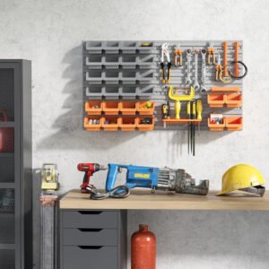 44 PCS Wall Mounted Pegboard Tool Organizer Rack Kit With Various Sized Storage Bins, Pegboard And Hooks, Orange