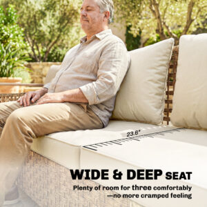 Rattan Wicker Sofa 3-Seater Outdoor Patio Sofa with Cushions for Garden Backyard Porch Beige