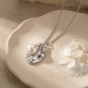 925 Sterling Silver Elegant Organic Wave Silver Pendant Necklace with Luminous White Pearl