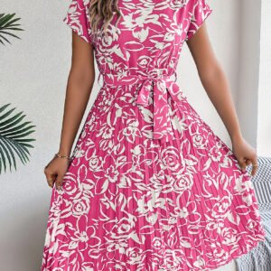 Women's Elegant Floral Print Short Sleeve Flowy Pleated Dress