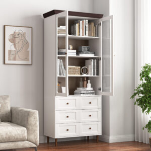 White MDF Display Storage Cabinet,Tall Kitchen Pantry Cabinets With Glass Doors And Adjustable Shelves,Freestanding Storage Cupboard For Kitchen, Living Room