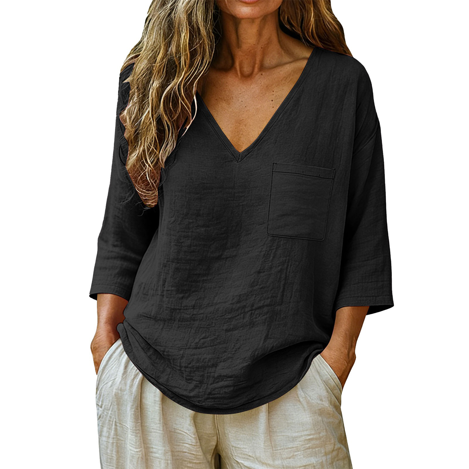 Women’s Casual Loose Fashion Cotton-Linen V-Neck Top