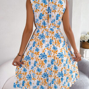 Women Elegant Ruffle Trim Floral Print Tie Waist Pleated Dress