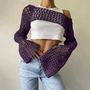 Women’s Hand-Knitted Sweater, Casual Ultra-Short Style With Flared Sleeves