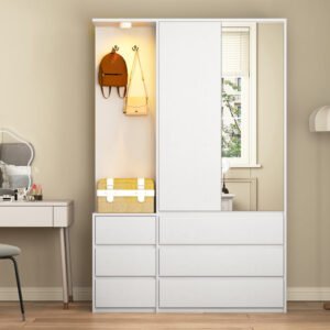 Wardrobe Closet 71.7 H, Bedroom Wooden Wardrobe With 2 Doors 6 Drawers, Modern Clothing Storage Cabinet Combination With Storage Shelves And Hanging Rail, White