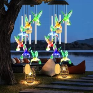 Solar Hummingbird Wind Chime With Aluminum Tubes 7 Color Changing Wind Chime For Outside IPX4 Waterproof Outdoor Garden Yard Decor