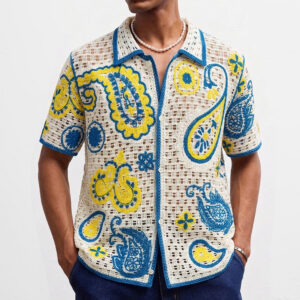 Retro Ethnic-Style Crochet Hollow-Out Knitted Cardigan Men's Polo Shirt