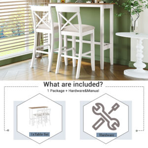 TOPMAX Farmhouse 48 Rectangular Wood Bar Height Dining Set Kitchen Breakfast Nook With 2 Chairs For Small Places,Brown White Beige
