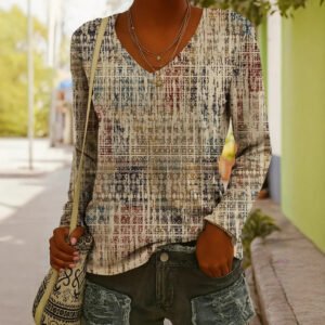 Fashionable Ethnic-Style Printed V-Neck Long-Sleeve T-Shirt