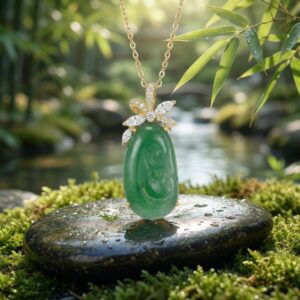 925 Sterling Silver Elegant Carved Green Jadeite Pendant with Sparkling Diamond Accents