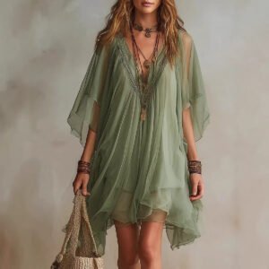 V-neck Chiffon Loose-fitting Resort Blouse And Beach Skirt
