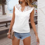 V-Neck Lace-trimmed Patchwork Sleeveless Pullover T-Shirt For Women