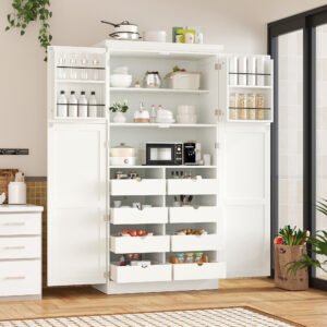 TOPMAx 35.5x17.6x70.9inch Freestanding Kitchen Pantry Cabinet Tall Storage Cabinet With 4 Doors 2 Door Shelves 8 Pull- Out Trays And Adjustable Shelf For Dining Room White