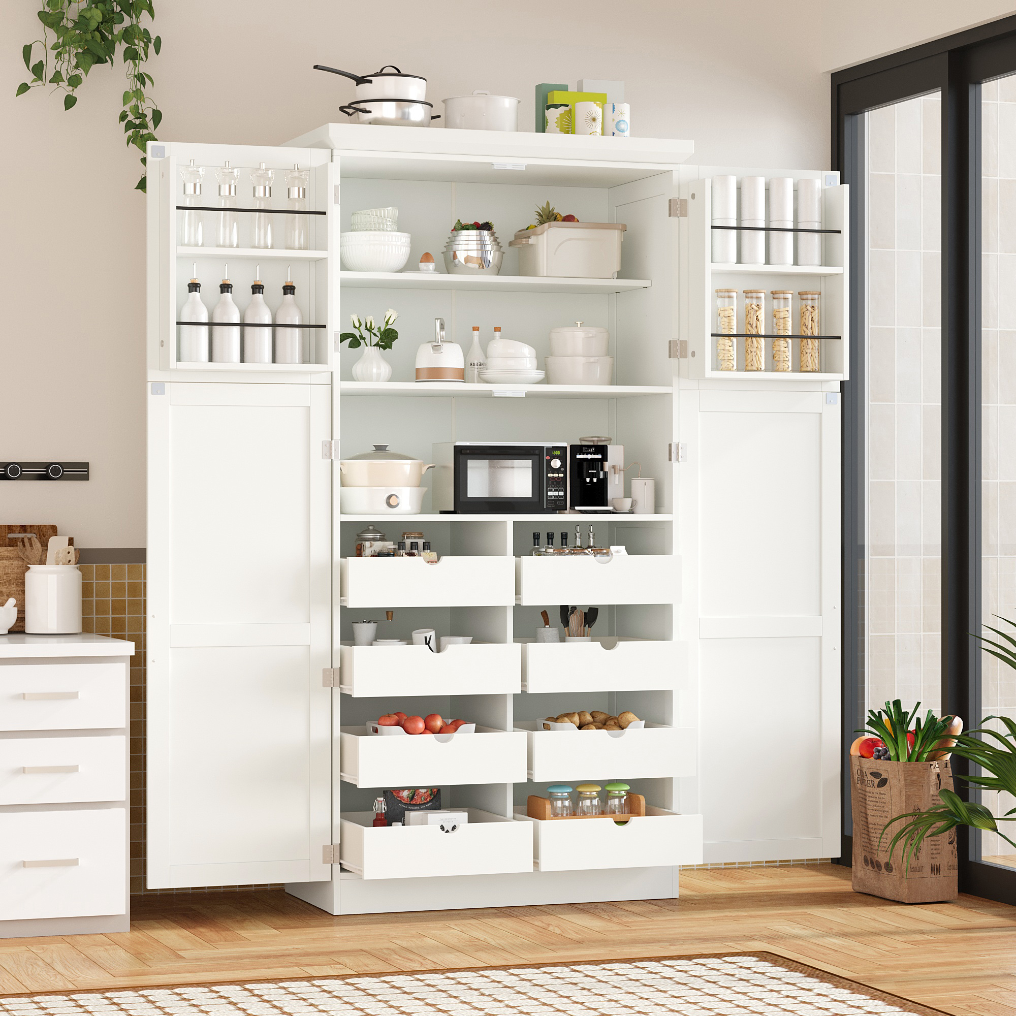 TOPMAx 35.5x17.6x70.9inch Freestanding Kitchen Pantry Cabinet Tall Storage Cabinet With 4 Doors 2 Door Shelves 8 Pull- Out Trays And Adjustable Shelf For Dining Room White - Image 4