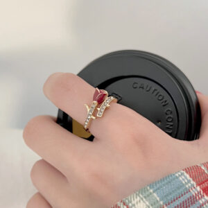 Enamel Red Rose Ring For Women, Light Luxury New Year Index Finger Ring, Open Adjustable Niche Design Delicate Ring