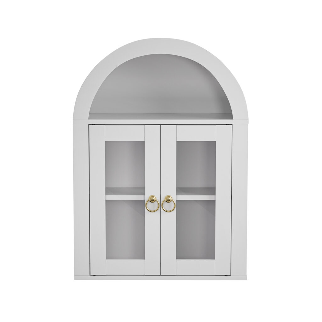 Wall Mounted Arched Cabinet With Glass Doors, Light And Adjustable Shelves For Laundry Room, Bathroom, Kitchen