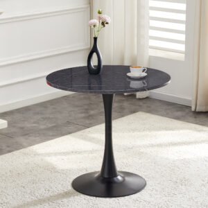 Round Dining Table, 31.5in Circle Tulip Table With Thickened Tabletop & Metal Pedestal, Mid Century Modern Bistro Table For Kitchen, Small Places, Living Room, Cafe Faux Marble