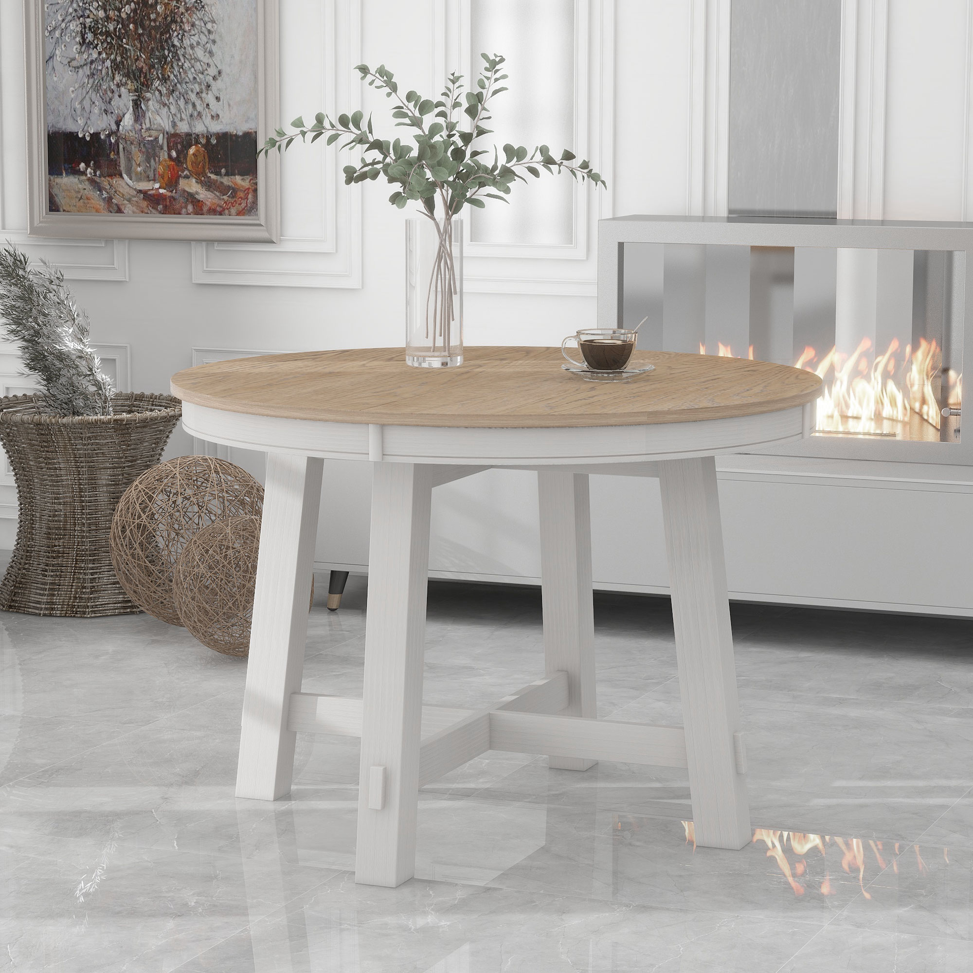 TREXM Farmhouse Round Extendable Dining Table With 16 Leaf Wood Kitchen Table Oak Natural Wood Antique White - Image 3