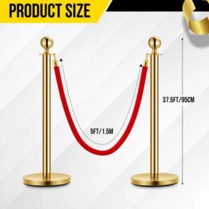 4 Pcs Stainless Steel Stanchion Post Queue, 5ft Red Velvet Rope Red Carpet Ropes And Poles Stanchions And Velvet Ropes Gold Stanchions With Red Rope Crowd Control Barriers For Party Supplies
