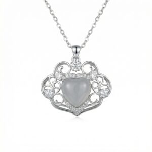 925 Sterling Silver Elegant Ornate Heart Pendant Silver Necklace with Moonstone and Sparkling Accents