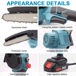 2 Batteries 4000W Mini Chainsaw Cordless 6 Electric One-Hand Saw Wood Cutter