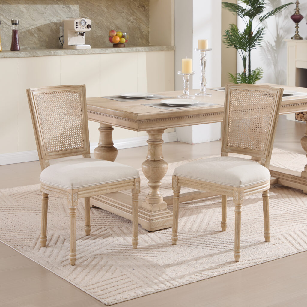 French Country Dining Chairs Set Of 2, Upholstered Chairs With Nature Rattan T Shaped Back, Wire Drawing And Carving Techniques ,Disassemblable , For Living Room, Kitchen , Restaurant Use, Beige