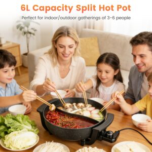 6L Electric Hot Pot With Divider 1100W Dual-Flavor Pot Shabu Shabu Pot Non-Stick With 5-Temp Control For Shabu Shabu Fondue Perfect For Family Gatherings & Parties