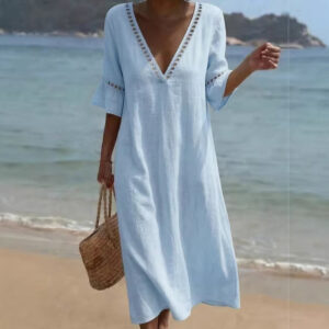 Loose-fitting Solid-color Cotton-Linen Lace V-neck Dress