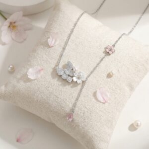 925 Sterling Silver Elegant Butterfly and Cherry Blossom Silver Necklace with Pink Pendant