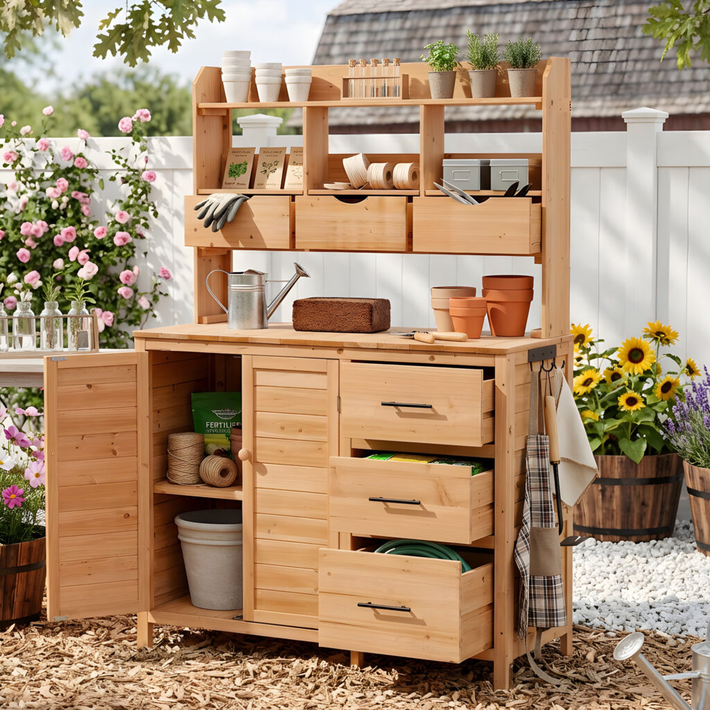 With Assembly Video TOPMAx Farmhouse Patio Potting Bench 44.6 X19.5 Large Freestanding Garden Workstation With 6 Drawers Bottom Cabinet And Side Hook Outdoor Kitchen Island Natural Wood