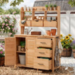 With Assembly Video TOPMAx Farmhouse Patio Potting Bench 44.6 X19.5 Large Freestanding Garden Workstation With 6 Drawers Bottom Cabinet And Side Hook Outdoor Kitchen Island Natural Wood