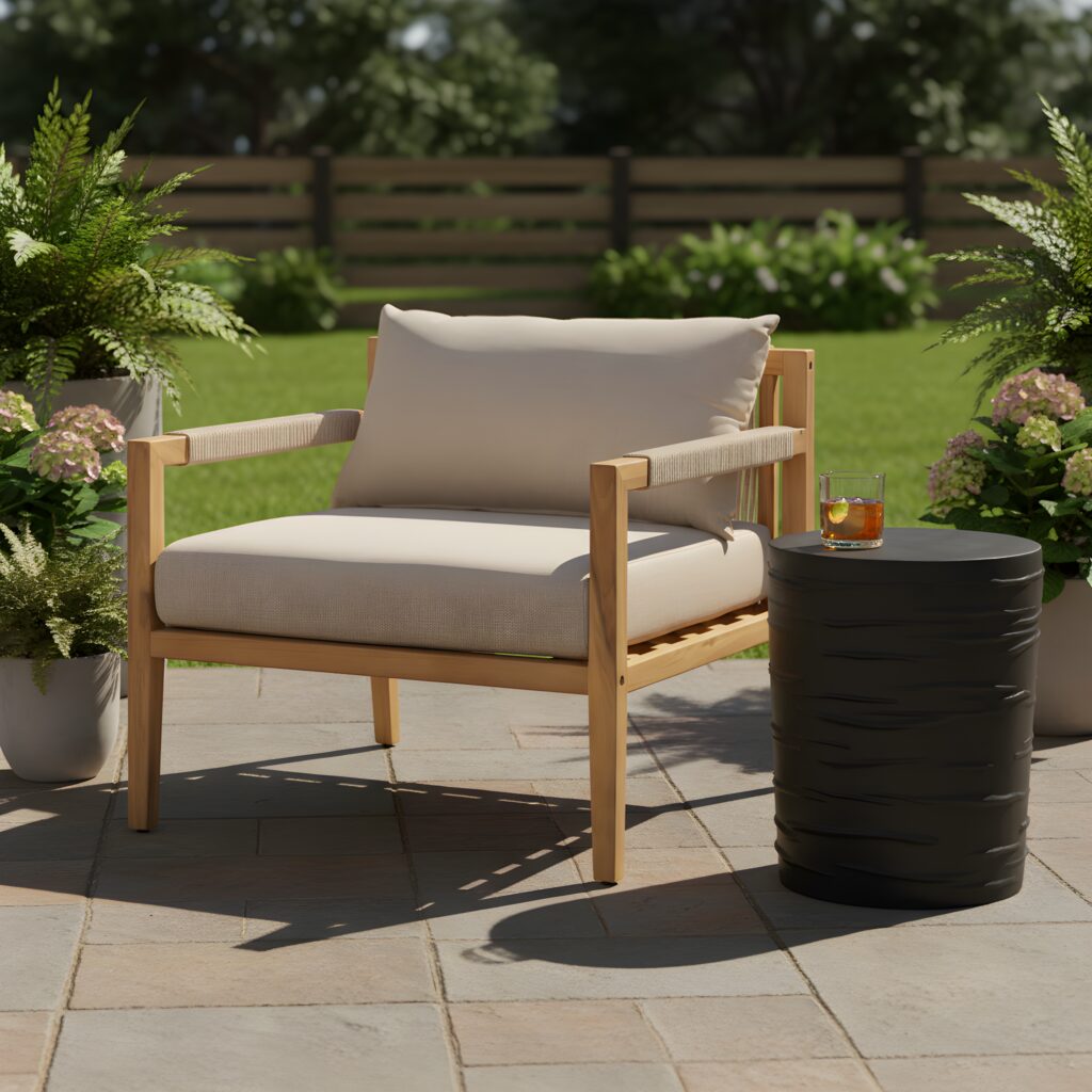 Acacia Wood & Beige Rope Chair With Lightweight Concrete Side Table Set