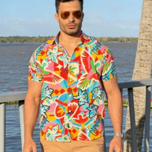 Tropical Floral Print Short Sleeve Button Down Shirt