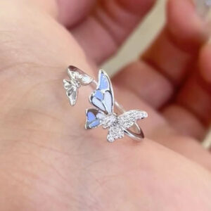 Blue Double Butterfly Open Ring For Women, New Vintage Luxury Delicate Fairy Style Adjustable Index Finger Band